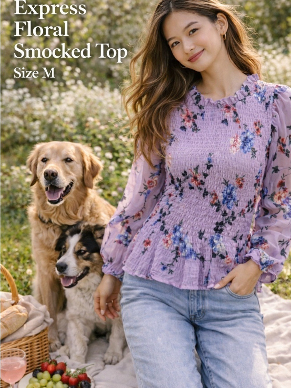 Express Floral Smocked Top Sheer Sleeve Lavender Blouse Size M